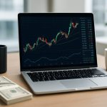 A laptop showing trading graphs on a desk with money and a coffee mug nearby.