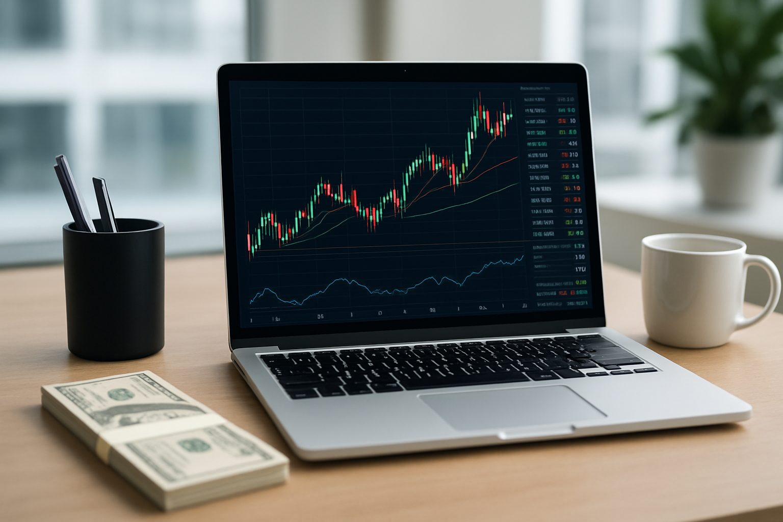 A laptop showing trading graphs on a desk with money and a coffee mug nearby.