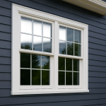 Close-up view of windows on a blue house exterior