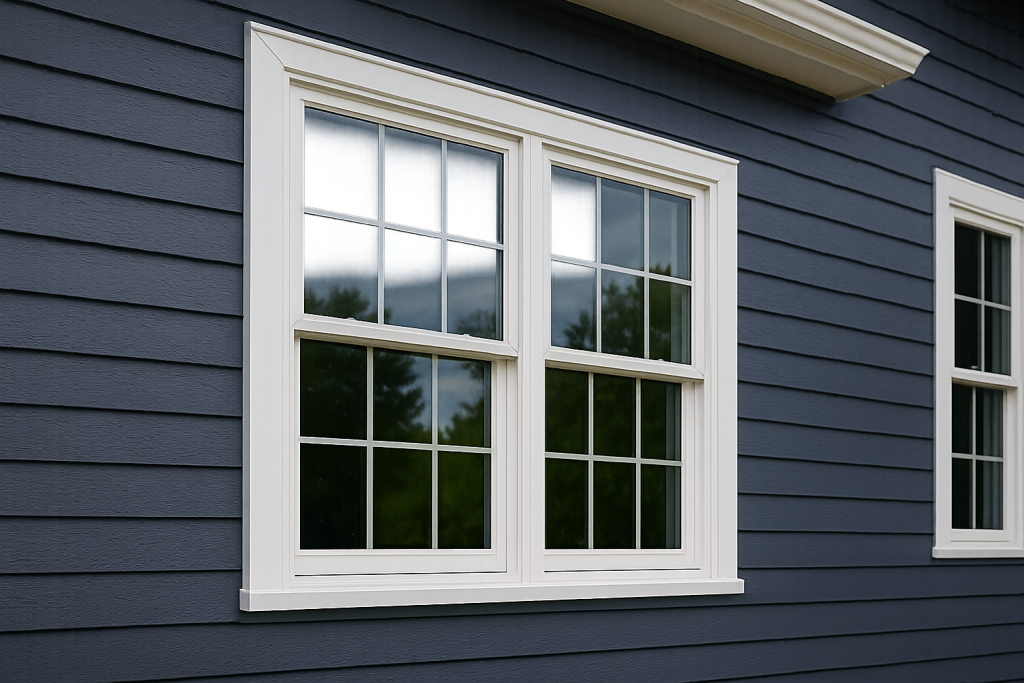 Close-up view of windows on a blue house exterior